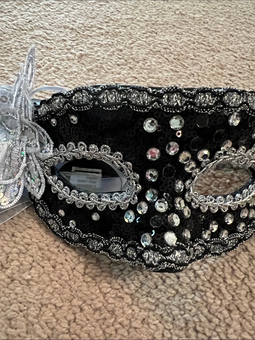 Black and Silver Beaded Masquerade Eye Mask with Ribbon Accent